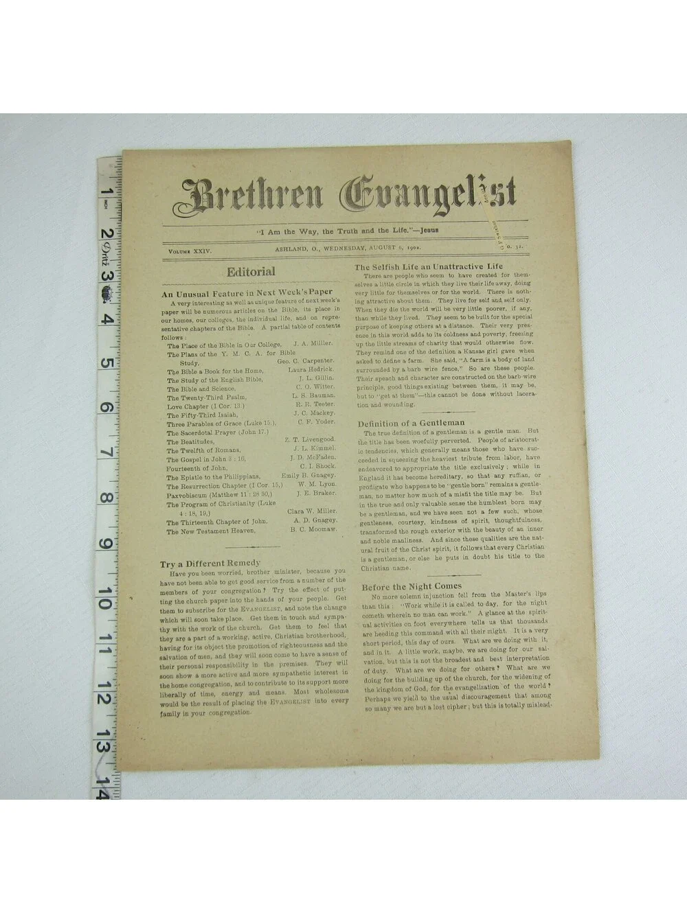 Brethren Evangelist Christian Newspaper Ashland Ohio Antique August 6, 1902 RARE